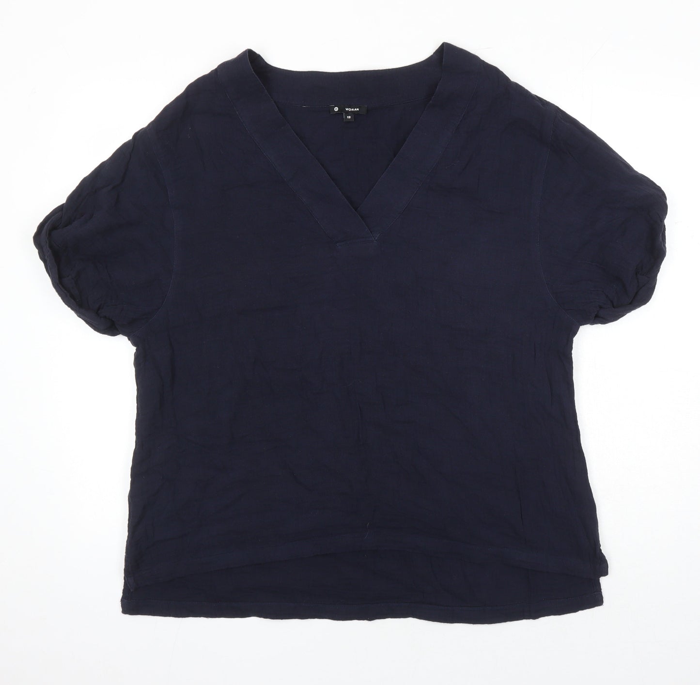 Woman Womens Blue 100% Cotton Tunic Blouse Size 12 V-Neck