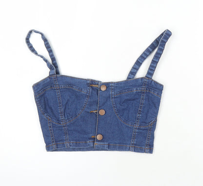 PRETTYLITTLETHING Womens Blue Herringbone Cotton Cropped Button-Up Size 6 Square Neck