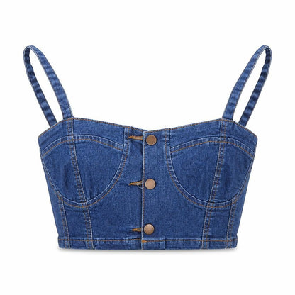 PRETTYLITTLETHING Womens Blue Herringbone Cotton Cropped Button-Up Size 6 Square Neck