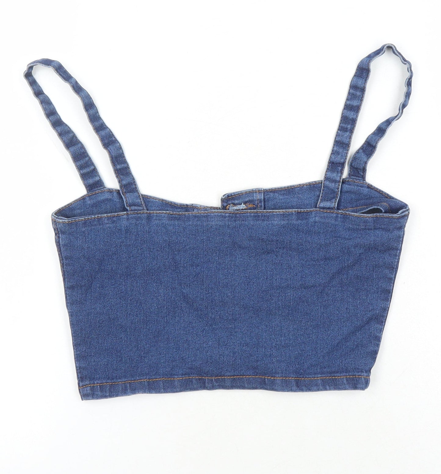 PRETTYLITTLETHING Womens Blue Herringbone Cotton Cropped Button-Up Size 6 Square Neck