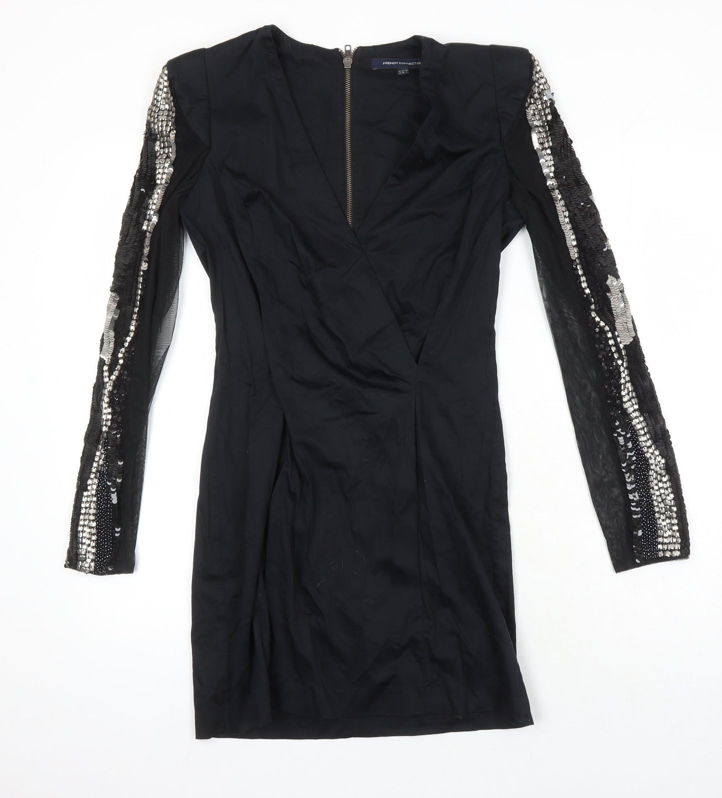 French Connection Womens Black Cotton Pencil Dress Size 10 V-Neck Zip - Sequin Detail