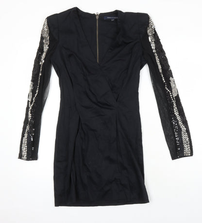 French Connection Womens Black Cotton Pencil Dress Size 10 V-Neck Zip - Sequin Detail