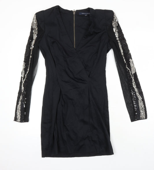 French Connection Womens Black Cotton Pencil Dress Size 10 V-Neck Zip - Sequin Detail