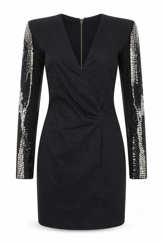 Front view of French Connection women’s black cotton pencil dress, size UK 10, v-neck zip - sequin detail