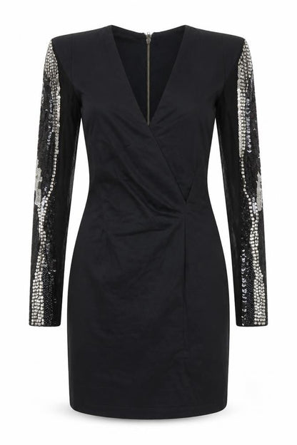 Front view of French Connection women’s black cotton pencil dress, size UK 10, v-neck zip - sequin detail
