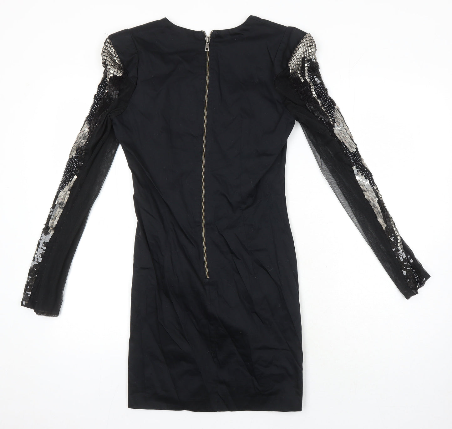 French Connection Womens Black Cotton Pencil Dress Size 10 V-Neck Zip - Sequin Detail