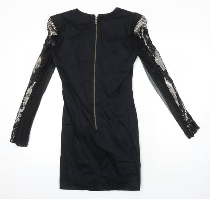 French Connection Womens Black Cotton Pencil Dress Size 10 V-Neck Zip - Sequin Detail