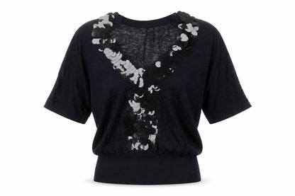 Nicole Farhi Womens Black V-Neck Linen Pullover Jumper Size S - Sequin Detail