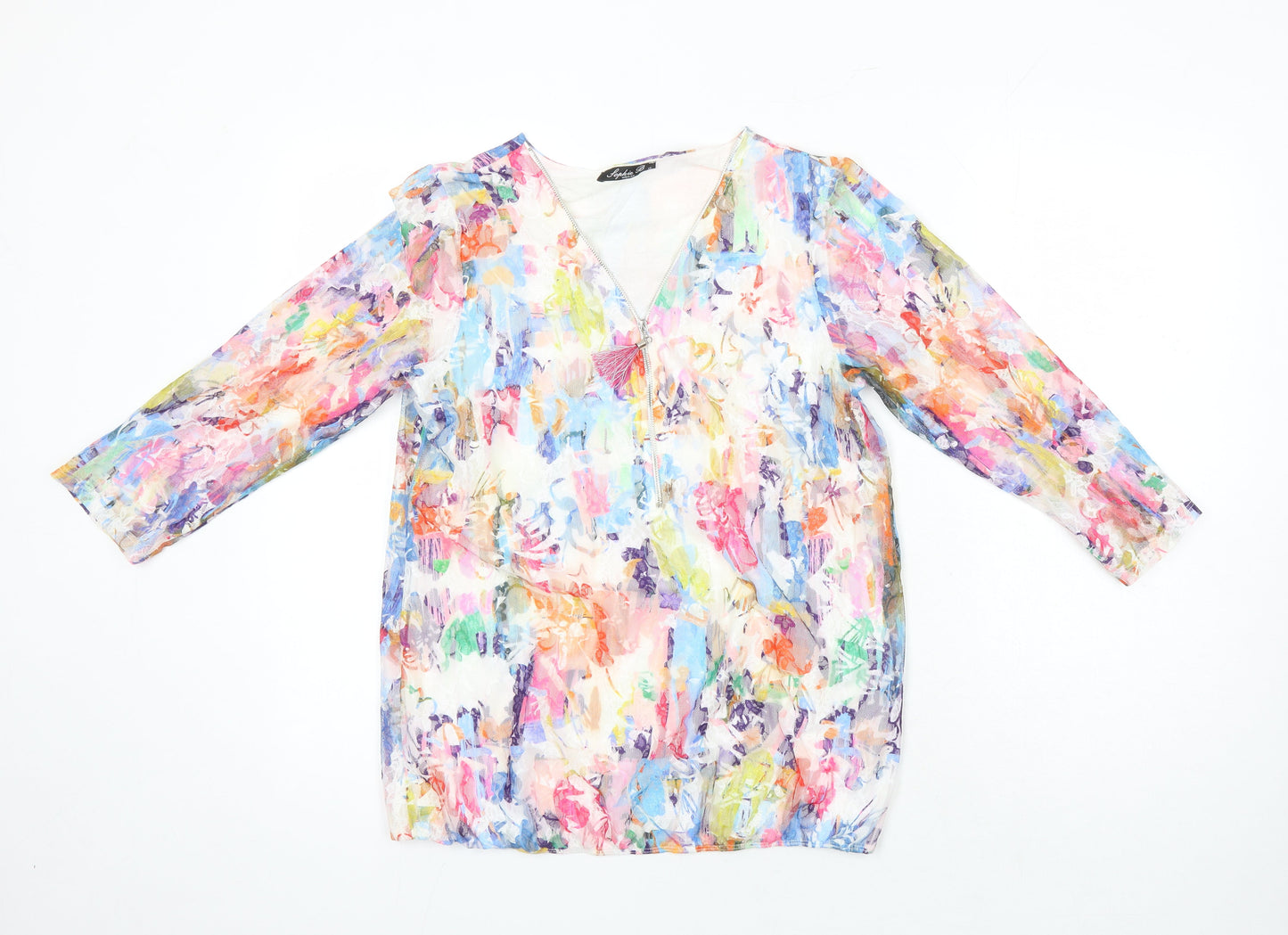 Sophie B Womens Ivory Floral Polyester Tunic Blouse Size 12 V-Neck