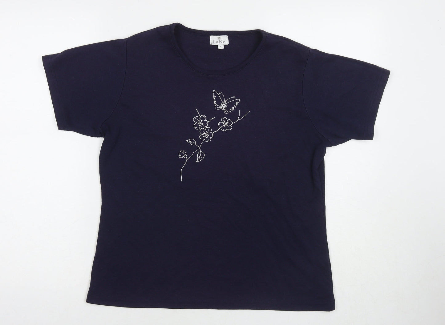 Lana Womens Blue Polyester Basic T-Shirt Size L Round Neck - Flower, Butterfly