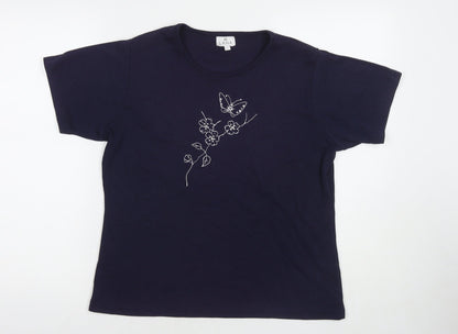 Lana Womens Blue Polyester Basic T-Shirt Size L Round Neck - Flower, Butterfly