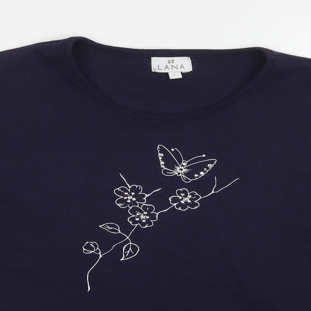 Lana Womens Blue Polyester Basic T-Shirt Size L Round Neck - Flower, Butterfly
