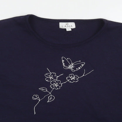Lana Womens Blue Polyester Basic T-Shirt Size L Round Neck - Flower, Butterfly