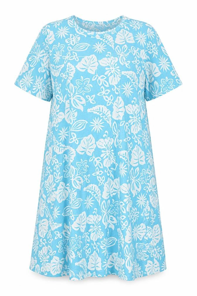 Damart Womens Blue Floral Polyester T-Shirt Dress Size 22 Round Neck Pullover
