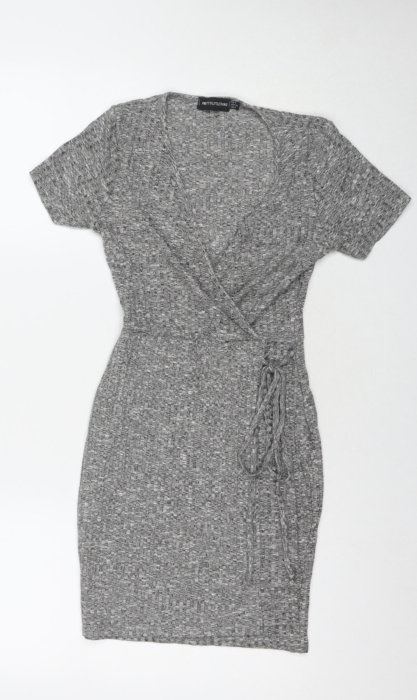 PRETTYLITTLETHING Womens Grey Polyester Wrap Dress Size 6 V-Neck Pullover