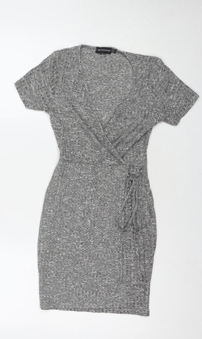 PRETTYLITTLETHING Womens Grey Polyester Wrap Dress Size 6 V-Neck Pullover
