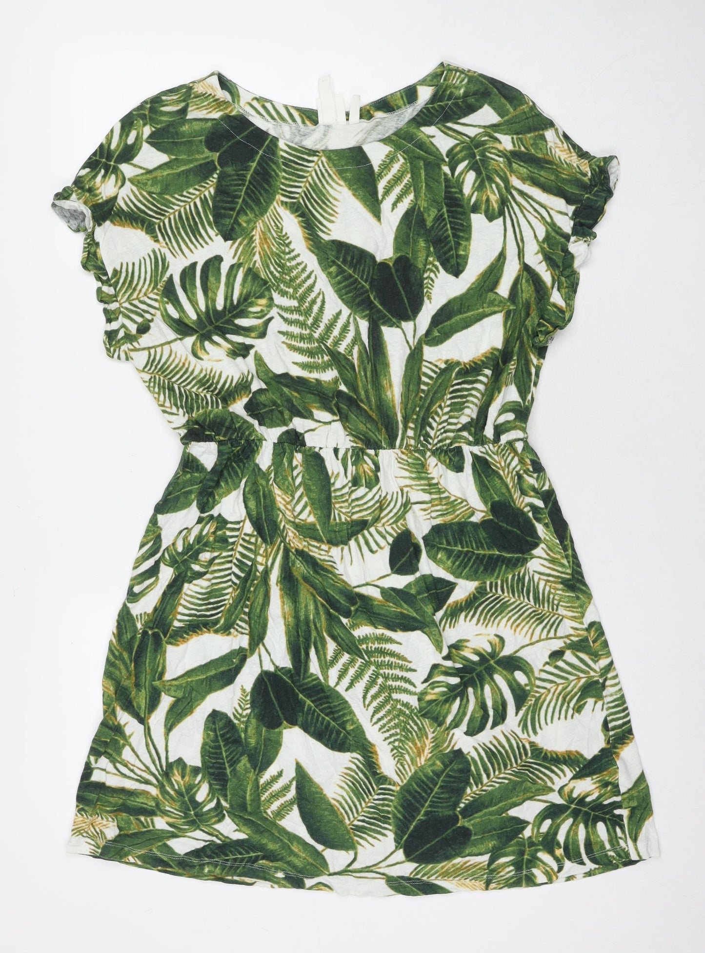 H&M Womens Green Floral Linen Fit & Flare Size M Round Neck Pullover