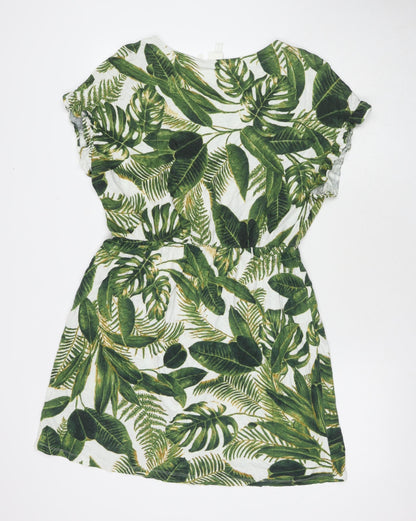 H&M Womens Green Floral Linen Fit & Flare Size M Round Neck Pullover