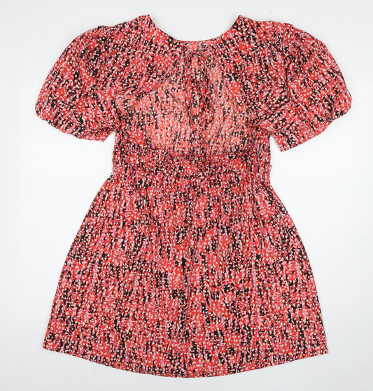 Topshop Womens Red Geometric Polyester A-Line Size 14 Boat Neck Tie