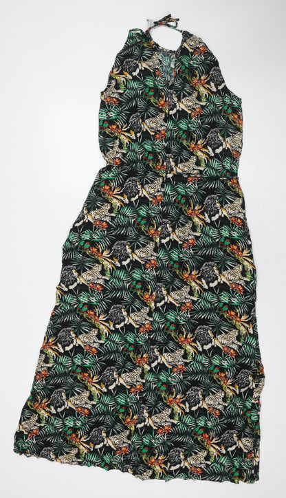 Warehouse Womens Green Floral Viscose A-Line Size 12 Square Neck Pullover