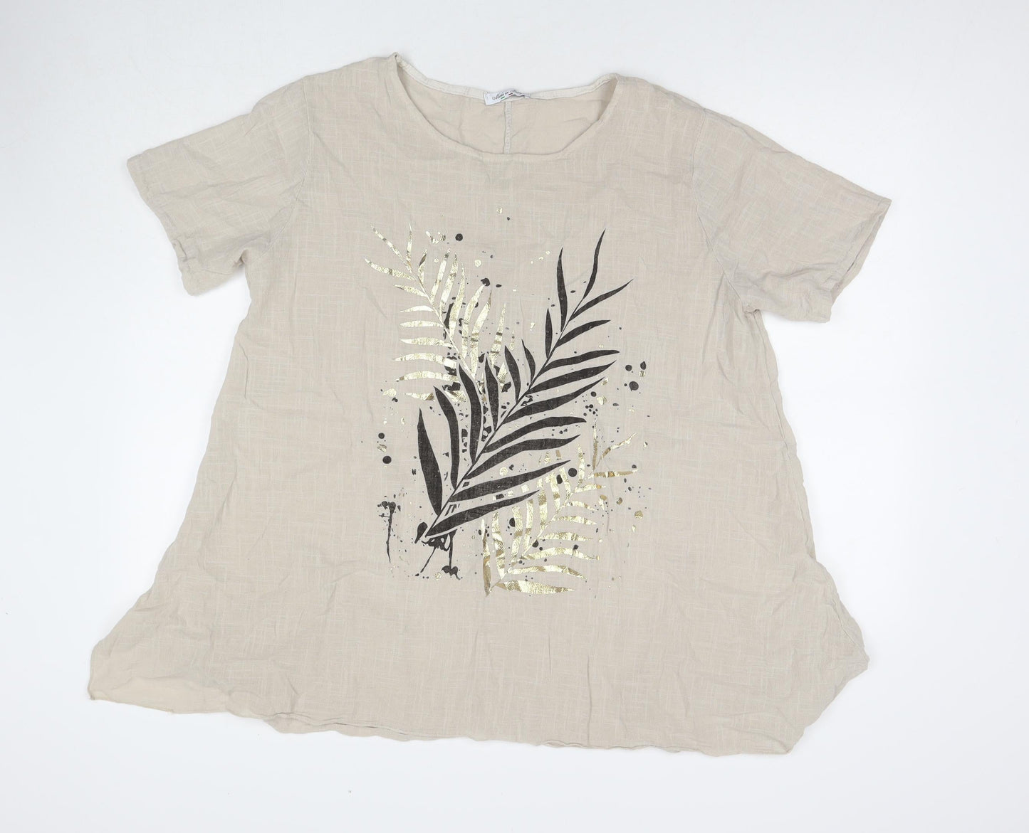 Made in Italy Womens Beige Cotton Tunic T-Shirt Size L Round Neck - Leaf