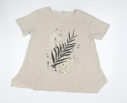 Made in Italy Womens Beige Cotton Tunic T-Shirt Size L Round Neck - Leaf