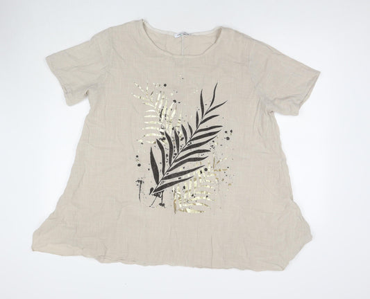 Made in Italy Womens Beige Cotton Tunic T-Shirt Size L Round Neck - Leaf