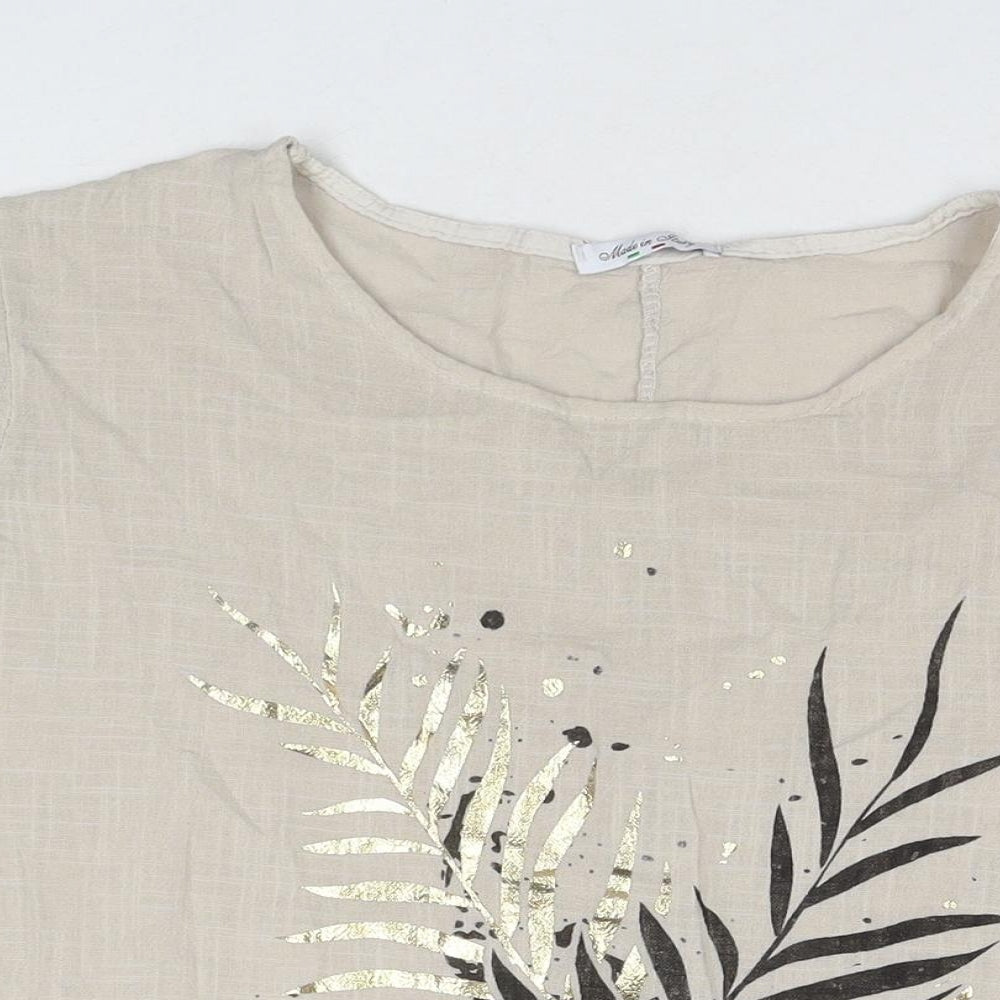 Made in Italy Womens Beige Cotton Tunic T-Shirt Size L Round Neck - Leaf