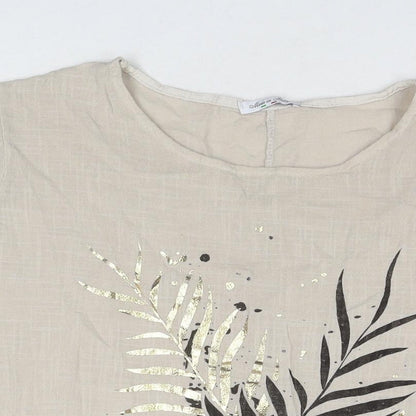 Made in Italy Womens Beige Cotton Tunic T-Shirt Size L Round Neck - Leaf