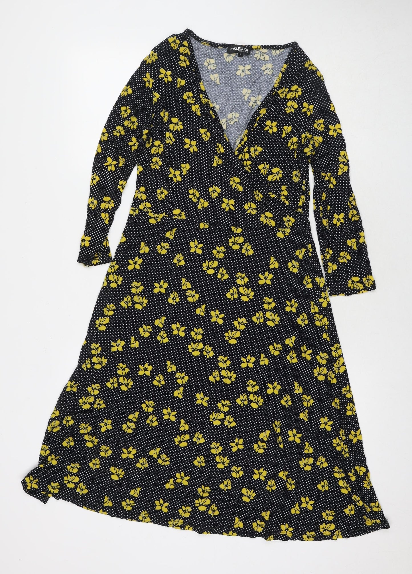 Debenhams Womens Black Polka Dot Viscose Fit & Flare Size 12 V-Neck Pullover - Flowers