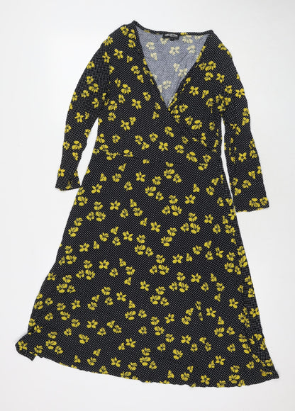 Debenhams Womens Black Polka Dot Viscose Fit & Flare Size 12 V-Neck Pullover - Flowers