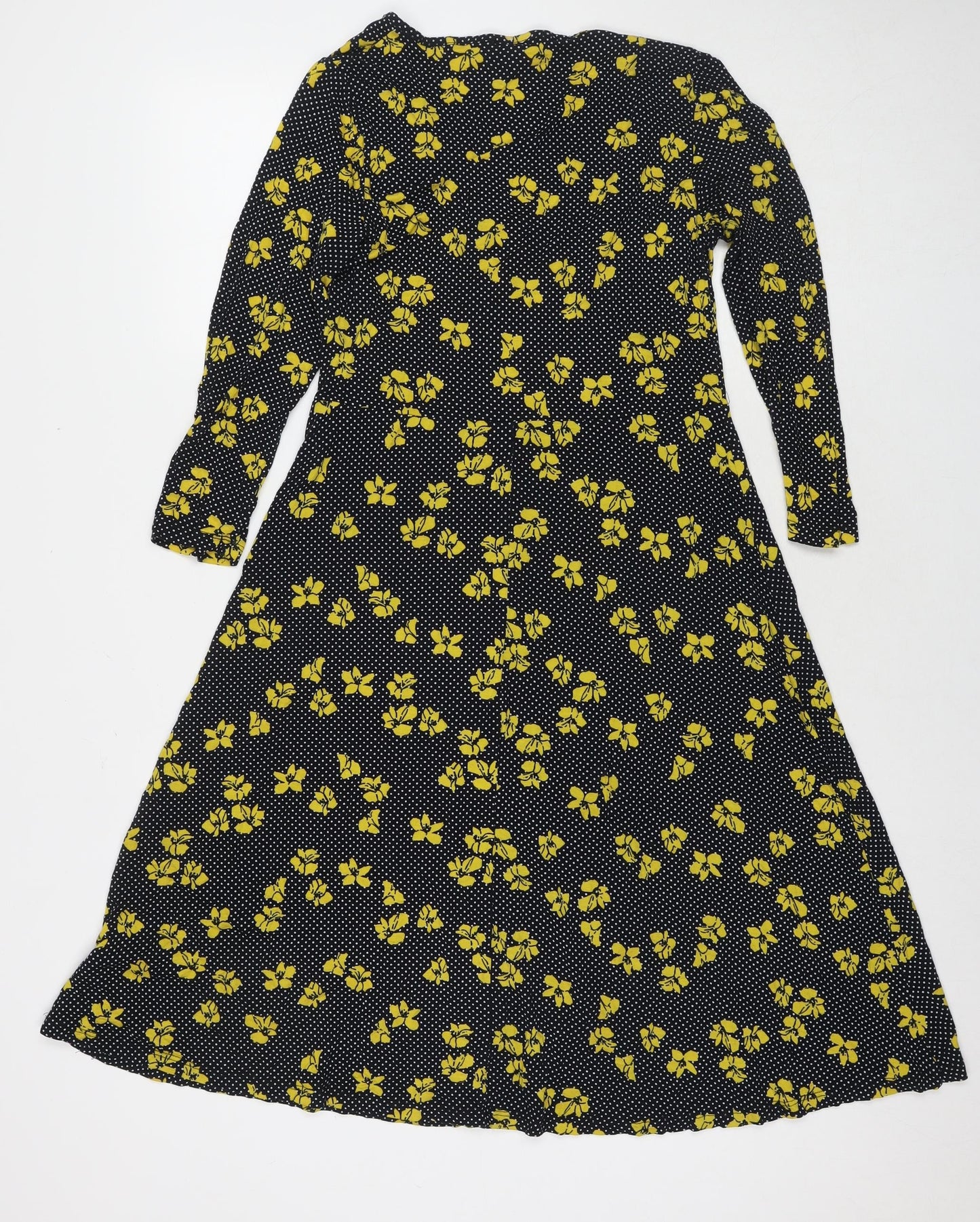 Debenhams Womens Black Polka Dot Viscose Fit & Flare Size 12 V-Neck Pullover - Flowers