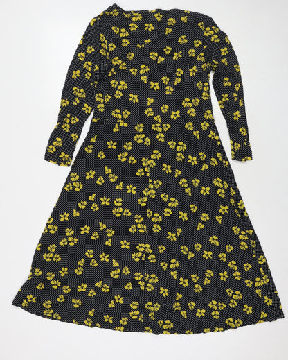 Debenhams Womens Black Polka Dot Viscose Fit & Flare Size 12 V-Neck Pullover - Flowers