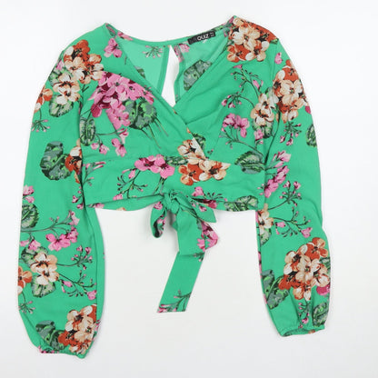 Quiz Womens Green Floral Polyester Basic Blouse Size 10 V-Neck