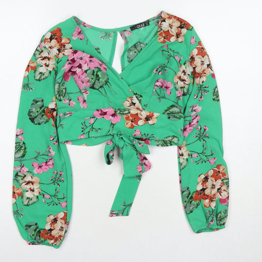 Quiz Womens Green Floral Polyester Basic Blouse Size 10 V-Neck