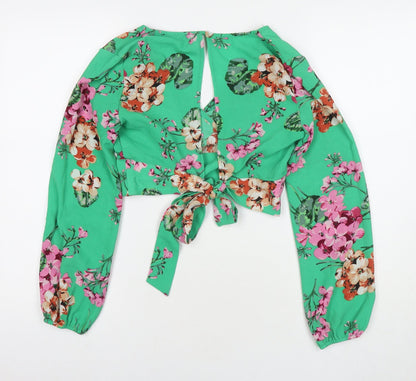 Quiz Womens Green Floral Polyester Basic Blouse Size 10 V-Neck