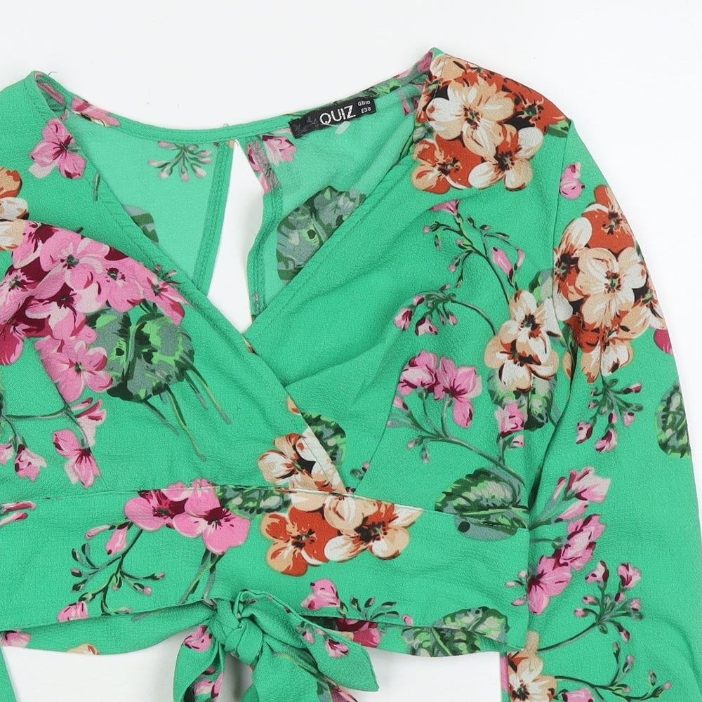 Quiz Womens Green Floral Polyester Basic Blouse Size 10 V-Neck