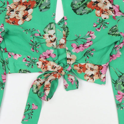 Quiz Womens Green Floral Polyester Basic Blouse Size 10 V-Neck