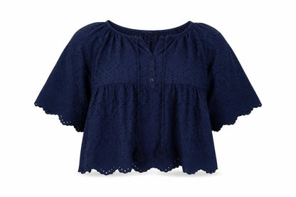 Linette & Tonka Womens Blue Cotton Basic Blouse Size 10 Round Neck - Embraided Detail