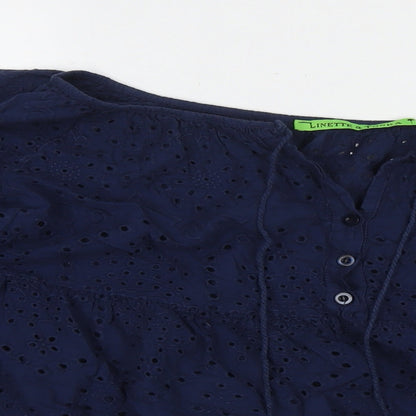 Linette & Tonka Womens Blue Cotton Basic Blouse Size 10 Round Neck - Embraided Detail