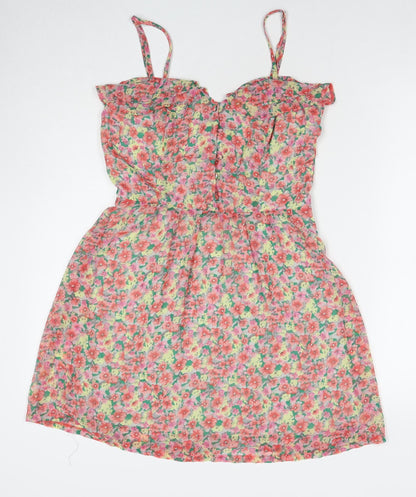 Made in U.K. Womens Multicoloured Floral Polyester A-Line Size 10 Sweetheart Button