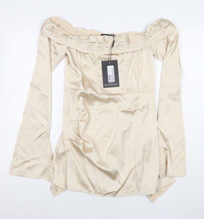 PRETTYLITTLETHING Womens Beige Polyester Shift Size 12 Off the Shoulder Zip