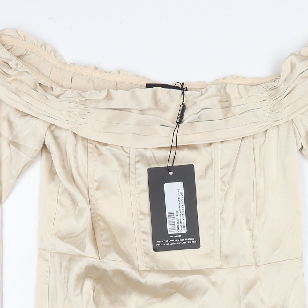 PRETTYLITTLETHING Womens Beige Polyester Shift Size 12 Off the Shoulder Zip