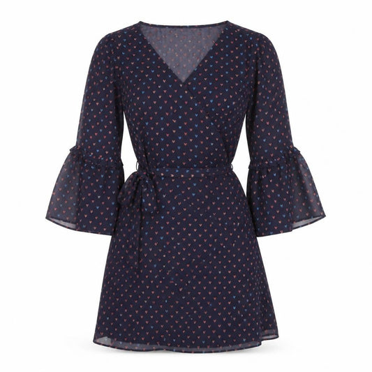 Front view of ESPRIT women’s purple geometric polyester fit & flare, size UK 10, v-neck pullover - hearts