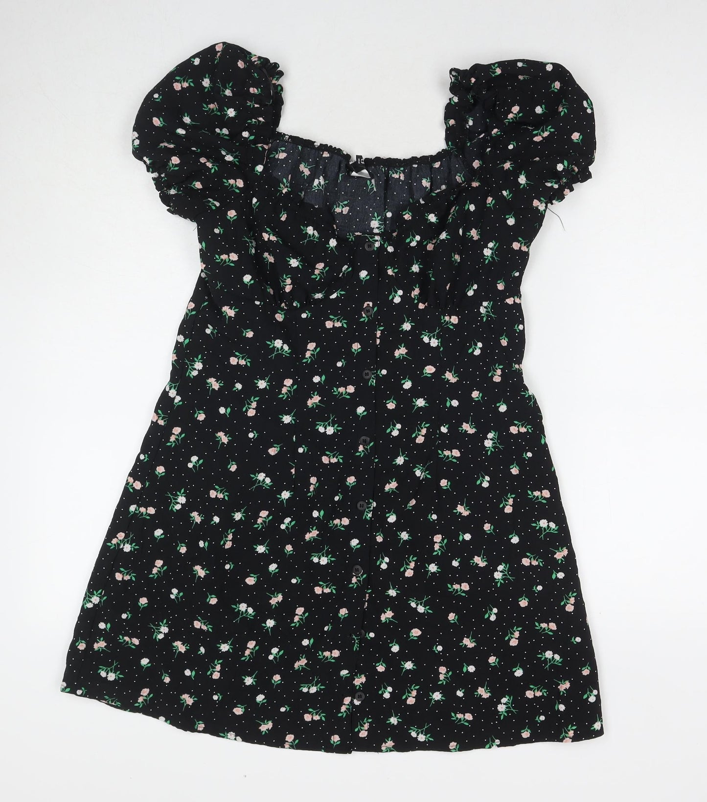 Divided by H&M Womens Black Floral Polyester A-Line Size 14 Square Neck Button
