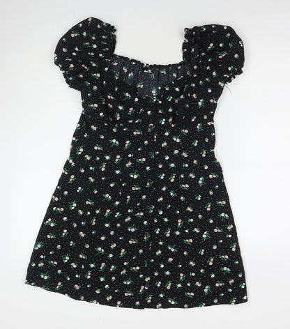 Divided by H&M Womens Black Floral Polyester A-Line Size 14 Square Neck Button