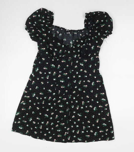 Divided by H&M Womens Black Floral Polyester A-Line Size 14 Square Neck Button