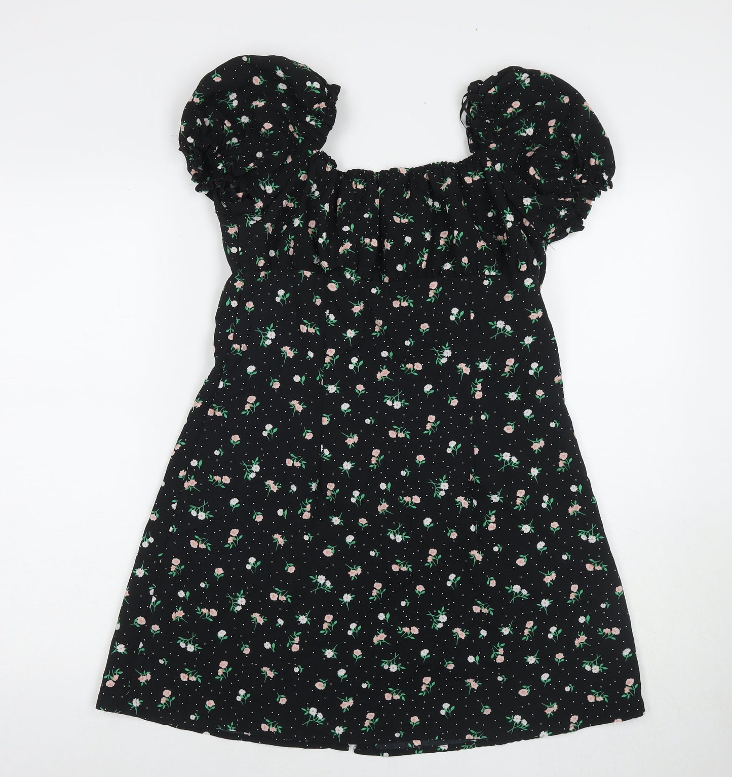 Divided by H&M Womens Black Floral Polyester A-Line Size 14 Square Neck Button