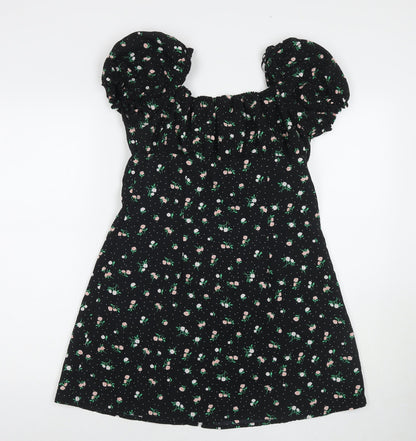 Divided by H&M Womens Black Floral Polyester A-Line Size 14 Square Neck Button