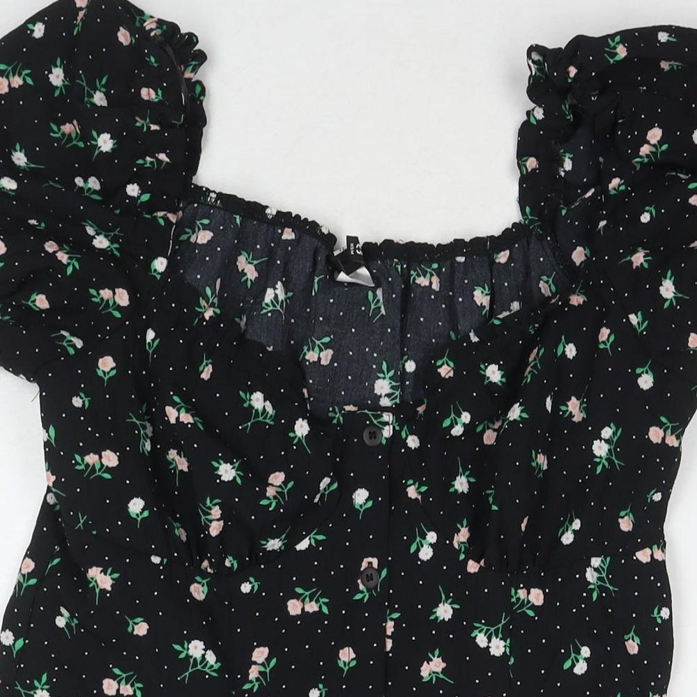 Divided by H&M Womens Black Floral Polyester A-Line Size 14 Square Neck Button
